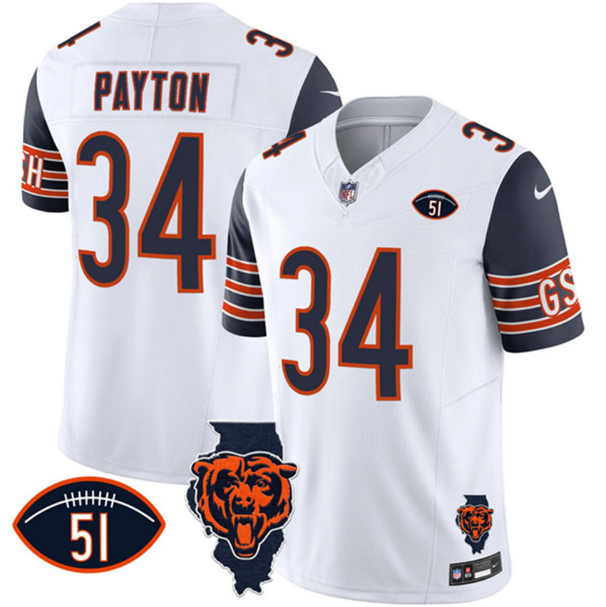 Men's White/Navy Chicago Bears #34 Walter Payton F.U.S.E. With Illinois and No. 51 Patch Stitched Football Jersey